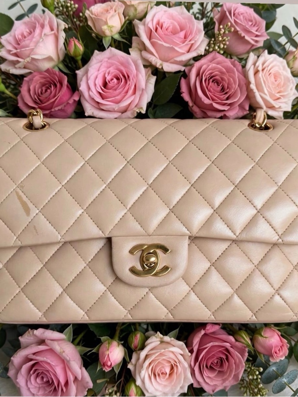 AUTH. CHANEL Beige Sand Lambskin Leather Medium Double Flap Bag Gold Hardware
